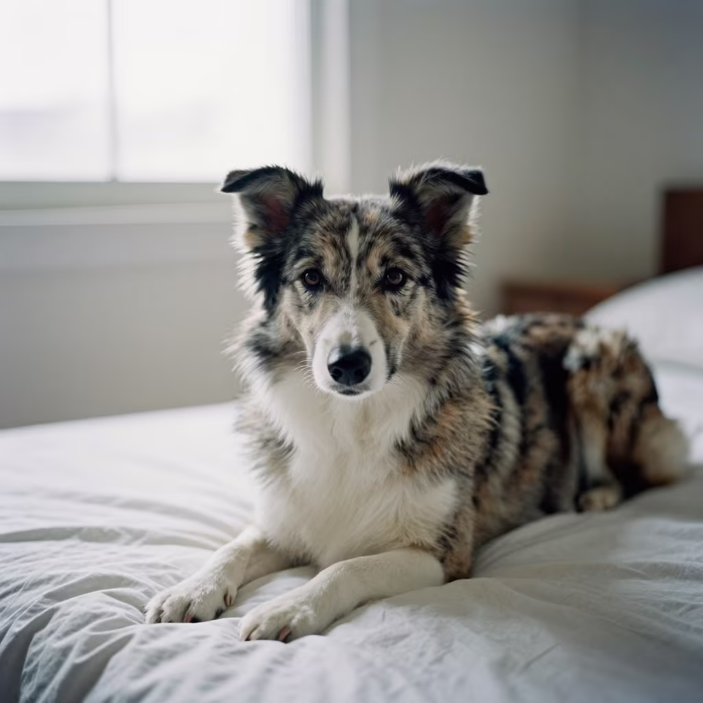 Collie Dog Resting on Bedspread Near Window in on a bedspread near a bright window with calm indoor light in Quezon City