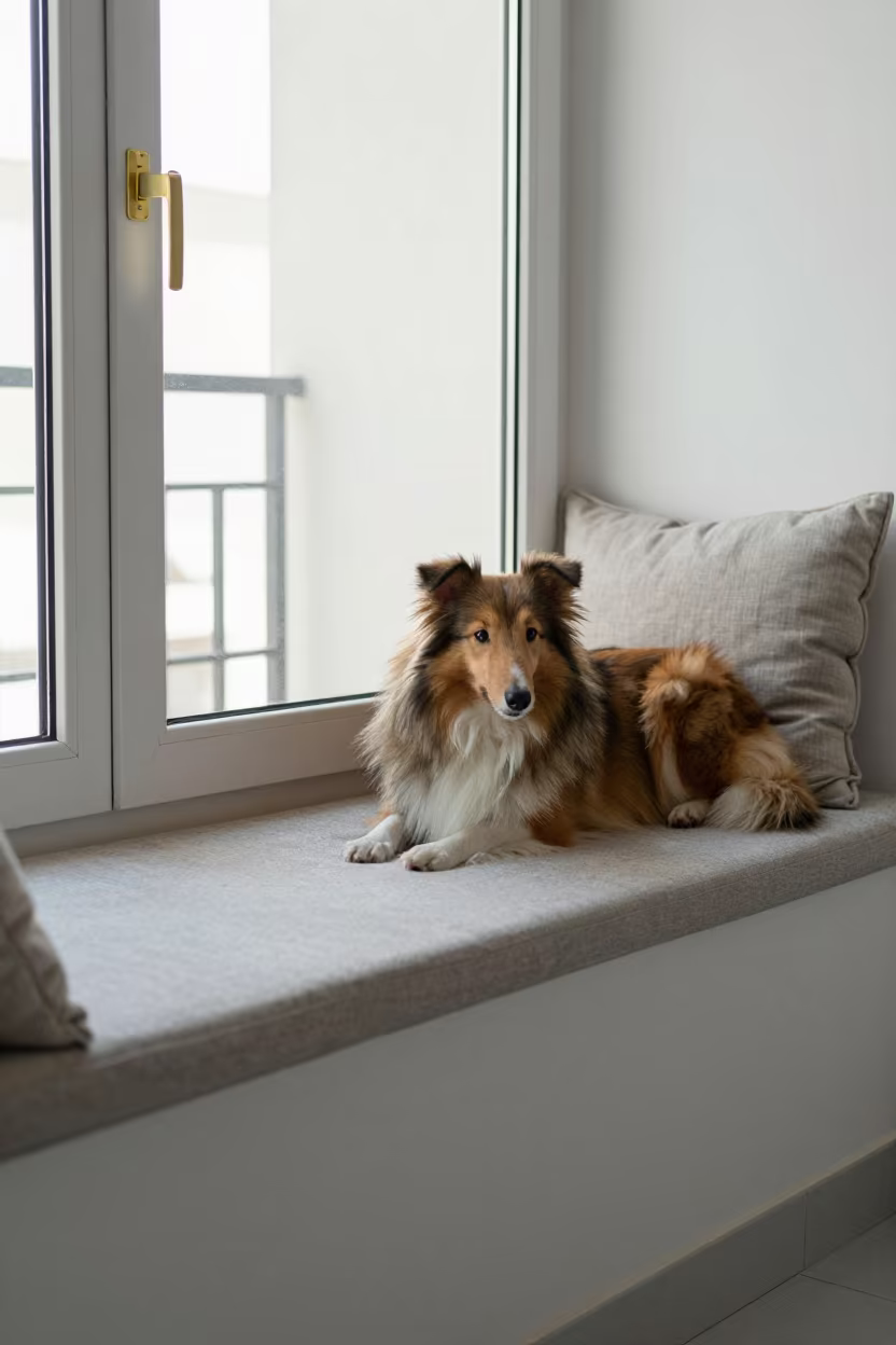 Collie Dog Resting on Window Seat in Riyadh Apartment in on a window seat in a quiet apartment with soft side light in Riyadh
