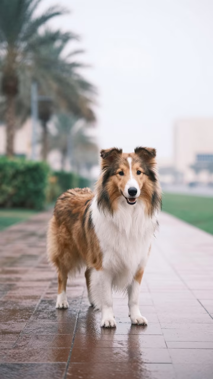 Collie on Al Quoz Path Morning Drizzle in near a garden edge with soft morning light and an uncluttered background in Al Quoz, Dubai