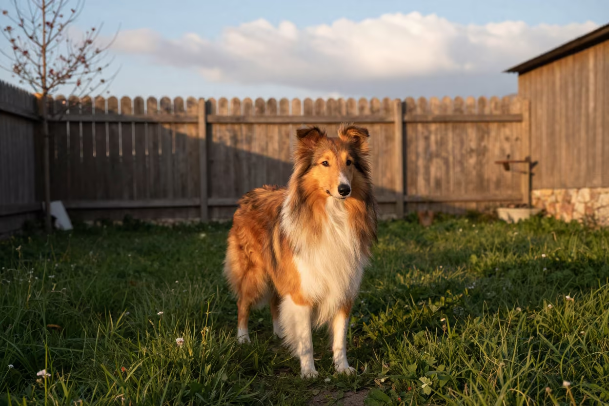 Collie on Bingöl Park Path Before Dusk in in a small yard with clipped grass, calm light, and the animal centered in frame in Bingöl
