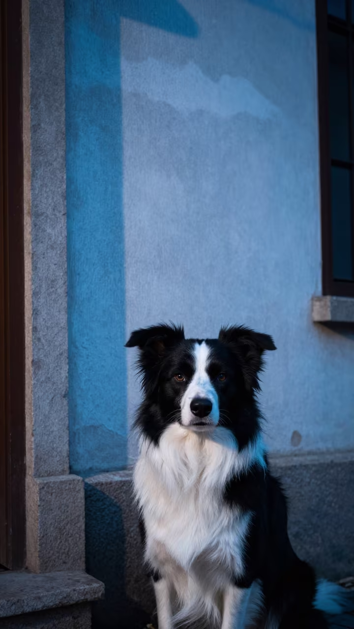 Collie Portrait Beside Budapest Courtyard Wall Twilight in beside a plain courtyard wall in clear daylight with the animal at eye level in Budapest