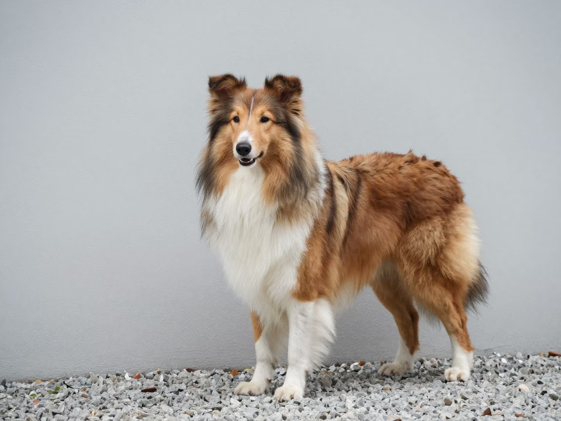 Collie Portrait Beside Courtyard Wall Johor Bahru in beside a plain courtyard wall in clear daylight with the animal at eye level near Johor Bahru