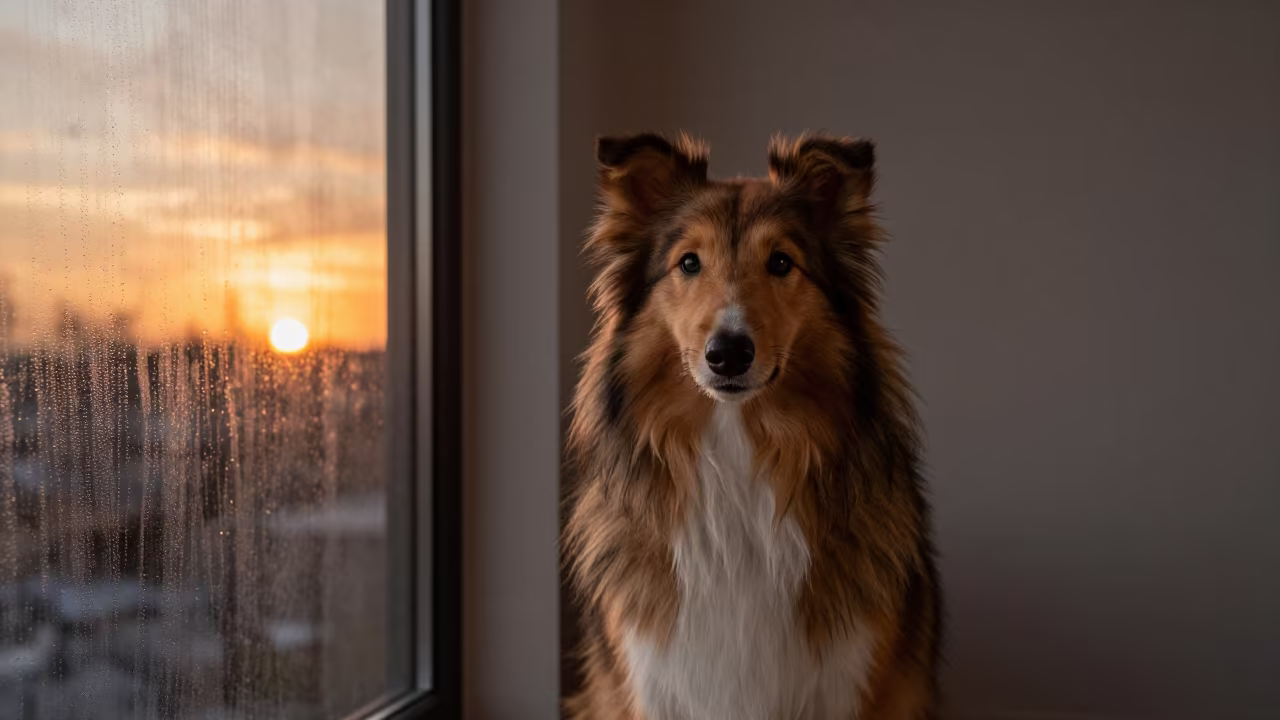 Collie Portrait in Copper Studio Light in in a quiet portrait studio with a plain backdrop and eye-level framing in Beed
