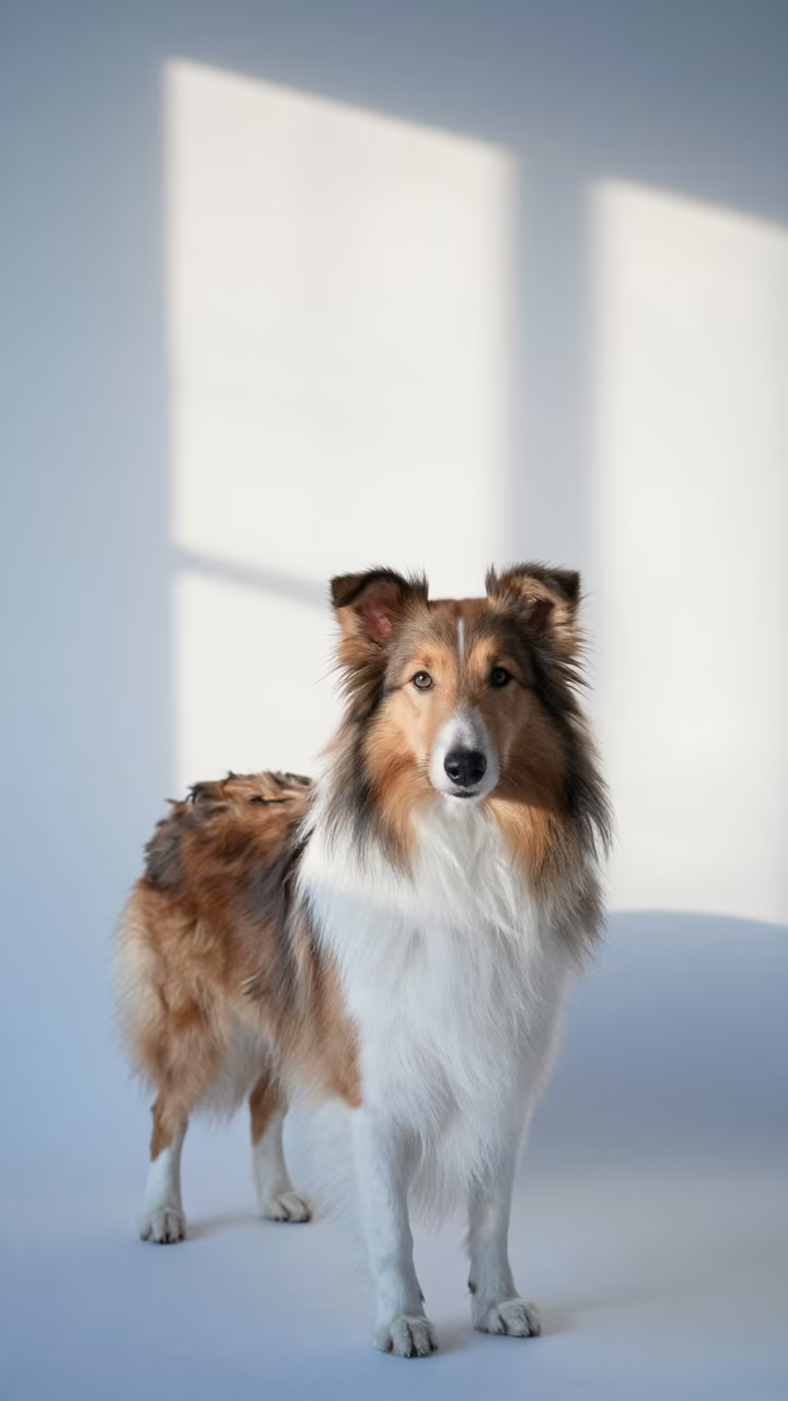 Collie Portrait in Early Morning Studio Light in in a quiet portrait studio with a plain backdrop and eye-level framing in Reims