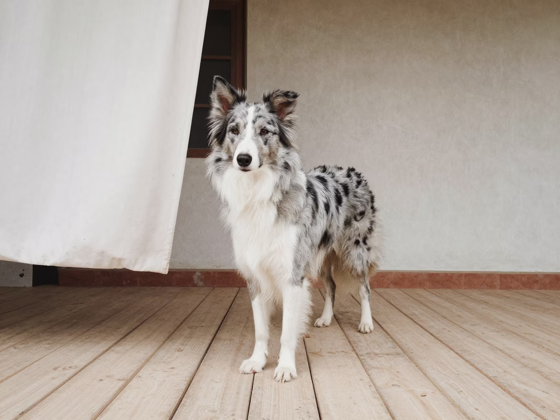 Collie Portrait on Shaded Front Porch in Maiduguri in on a shaded front porch with boards, railings, and eye-level framing in Maiduguri
