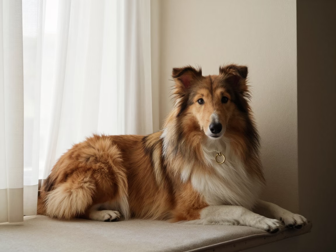 Collie Portrait on Window Seat in Luanda in on a cushioned window seat with soft side light and an uncluttered background in Luanda