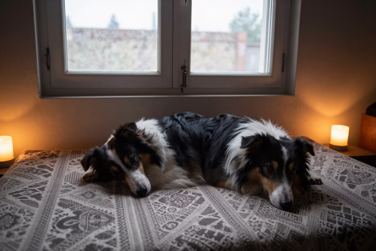 Collie Resting on Bedspread in Jacobabad in on a bedspread near a bright window with calm indoor light near Jacobabad