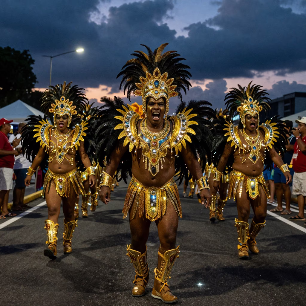 Colombian Carnival Parade Predawn Waterfront in at a waterfront celebration near São Paulo