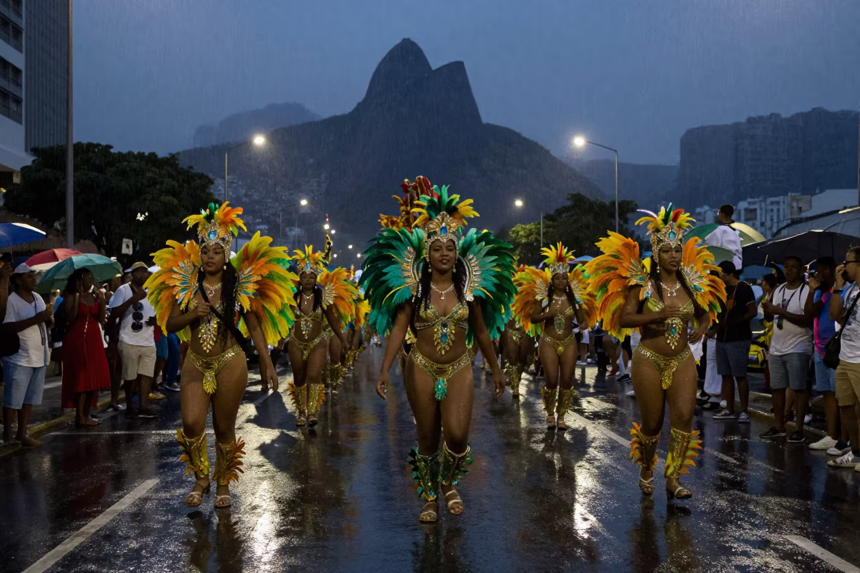 Colombian Carnival Parade in Rio Drizzle in at a festival street procession in Rio de Janeiro