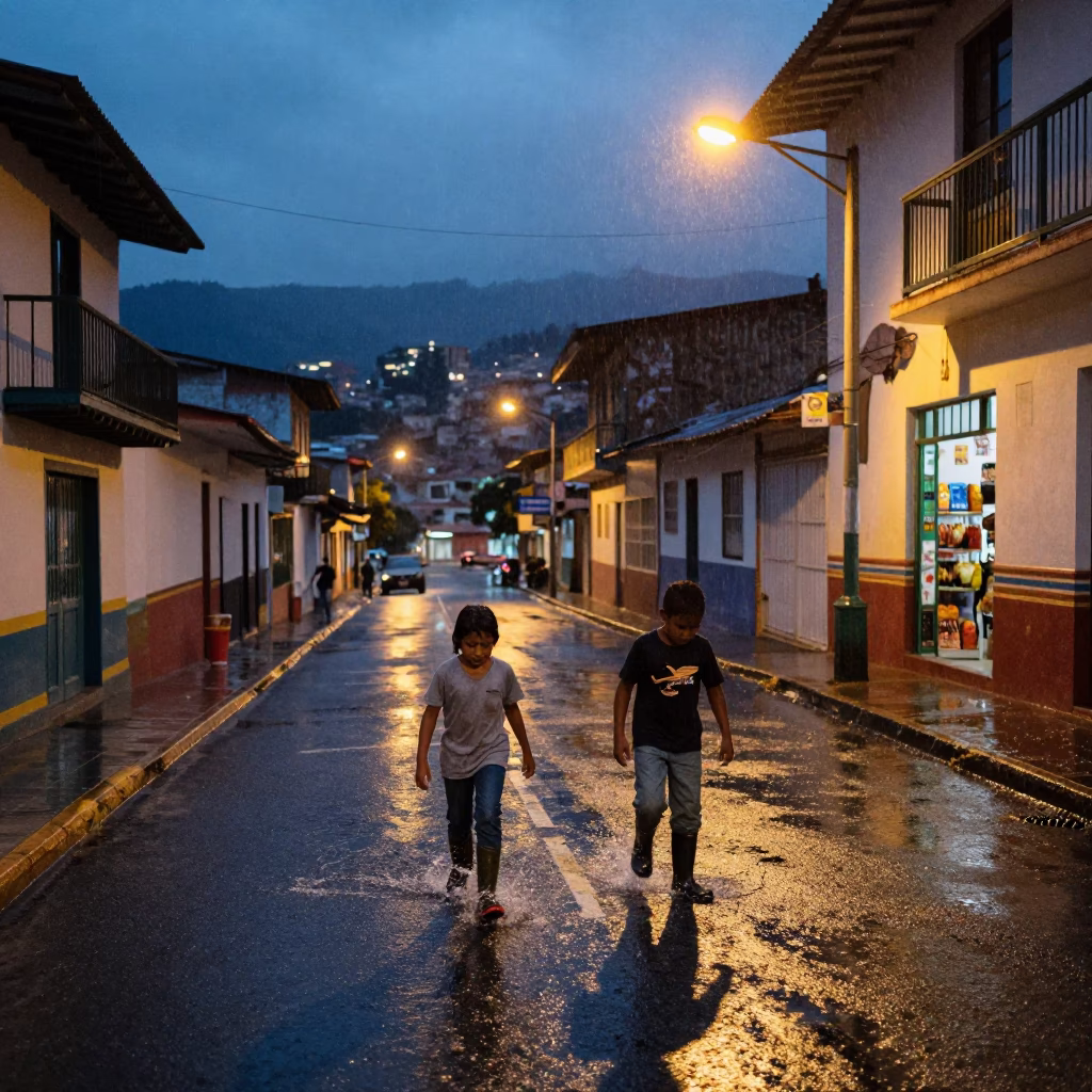 Colombian children in rubber boots splashing through rain puddles in Medellin twilight in in Medellin, Colombia