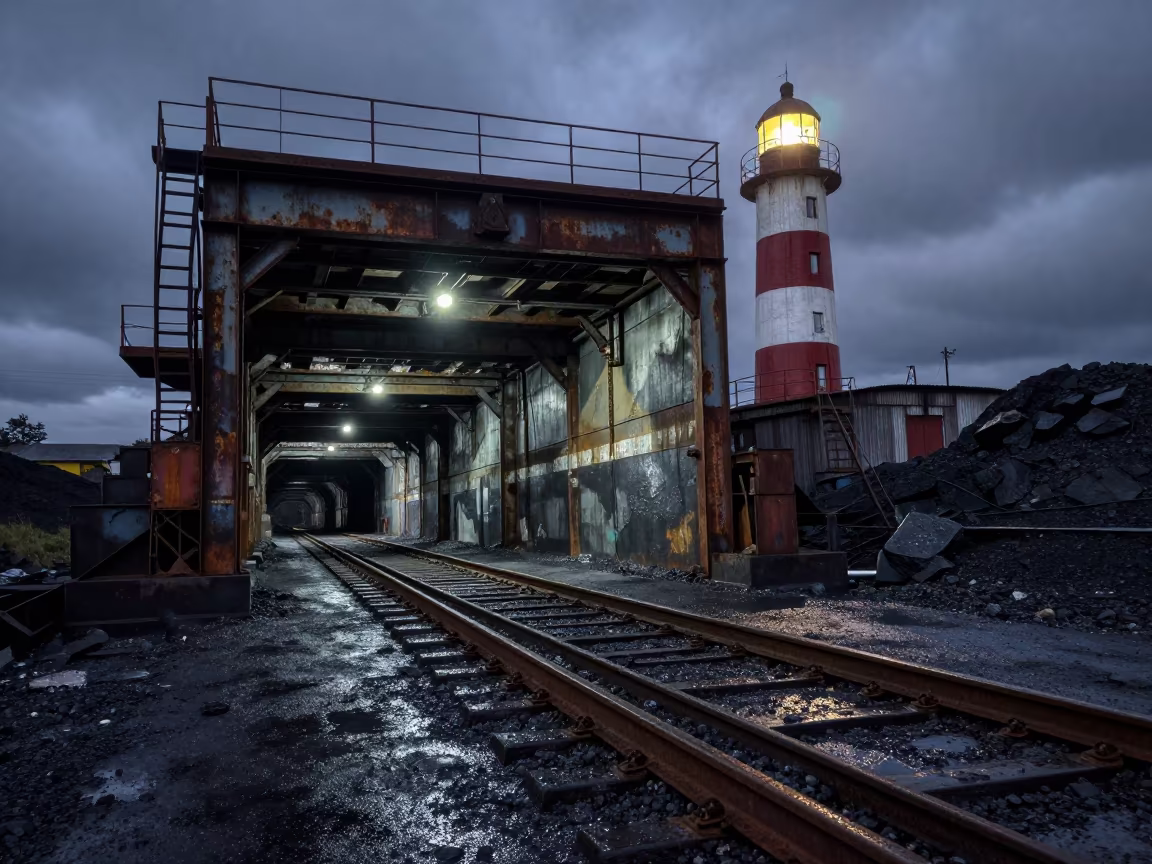 Colombian Coal Mine Entrance Night Sweep in beside exposed structural steel in Colombia