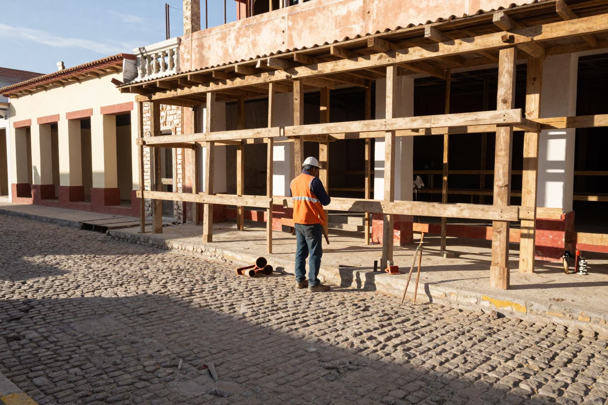 Colombian Construction Worker Pausing with Mason's Tools Amidst Colonial Cartagena Architecture in in Cartagena, Colombia
