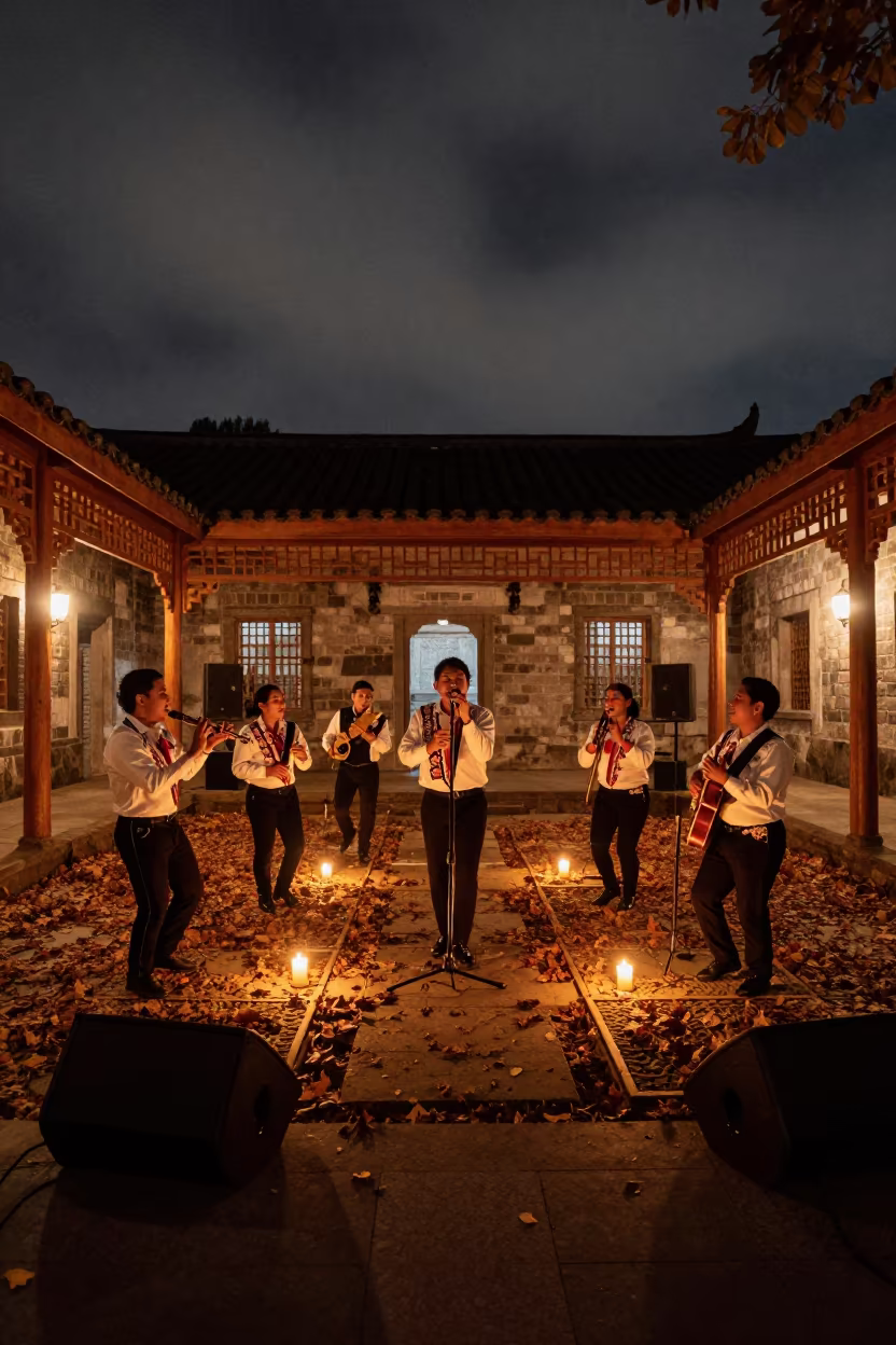 Colombian Cumbia Band Plays in Hefei Temple Courtyard in in a temple courtyard in Hefei