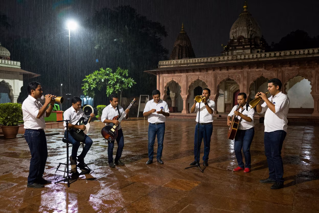 Colombian Cumbia Band in Lucknow Temple Courtyard in in a temple courtyard near Lucknow
