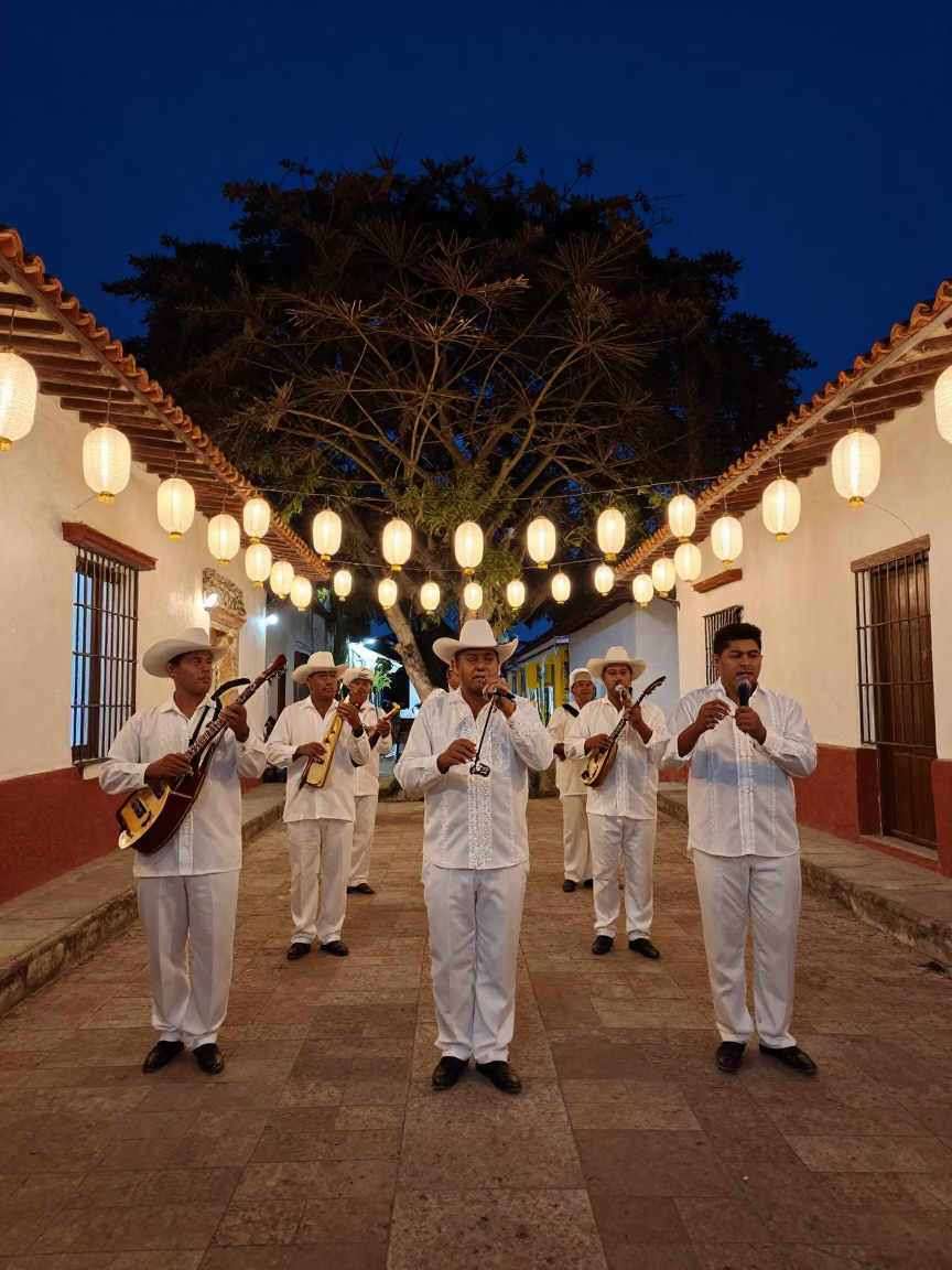 Colombian Cumbia Band Night Plaza Fiesta in in a shrine lined with lanterns in Trujillo