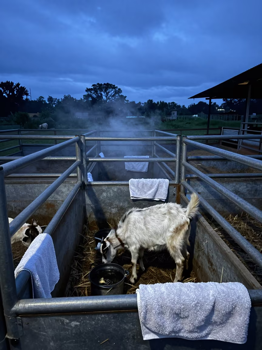 Colombian Goat Kidding Stall Twilight in inside a ranch corral in Colombia
