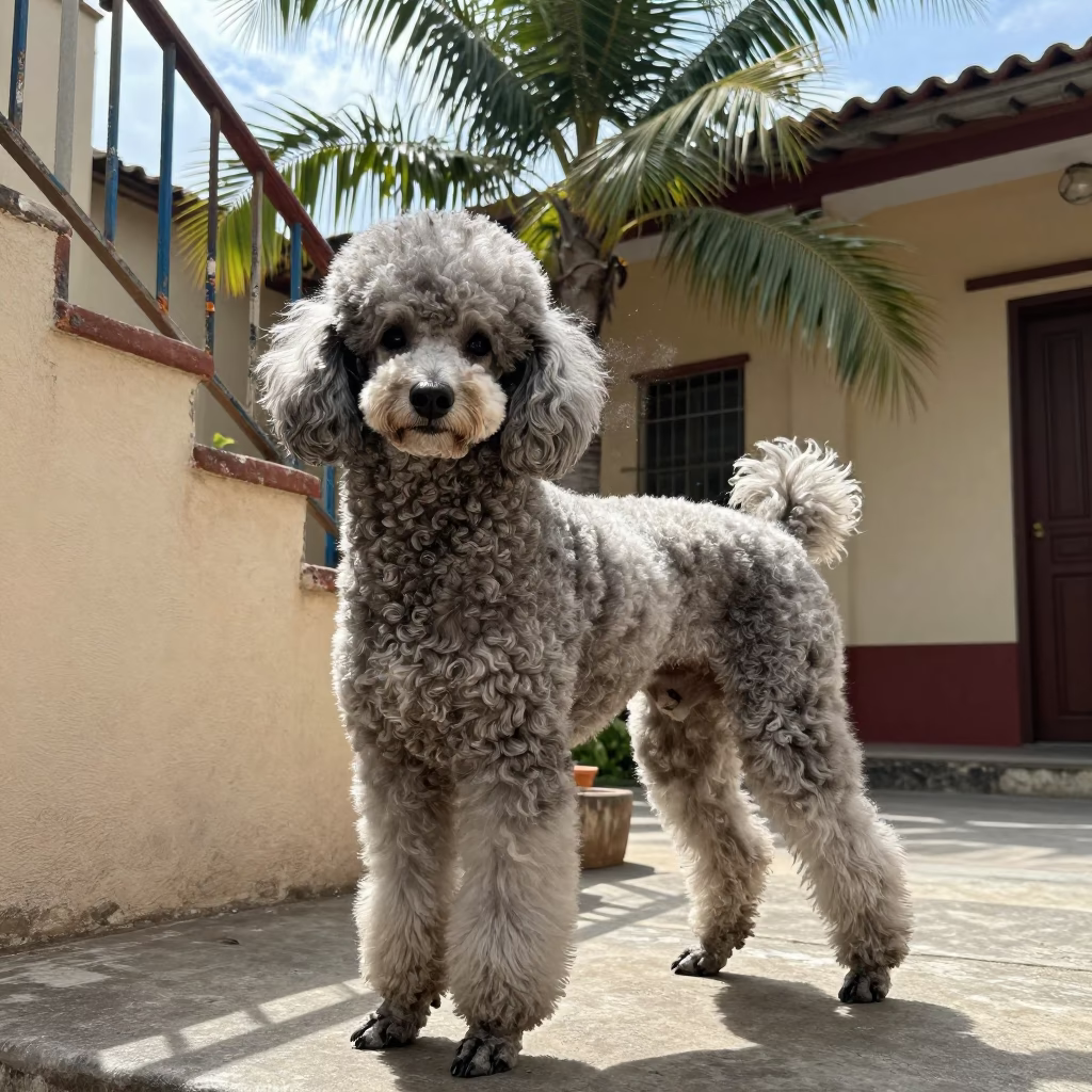 Colombian Poodle Portrait in Bogota Courtyard Light in beside a plain courtyard wall in clear daylight with the animal at eye level in Bogota