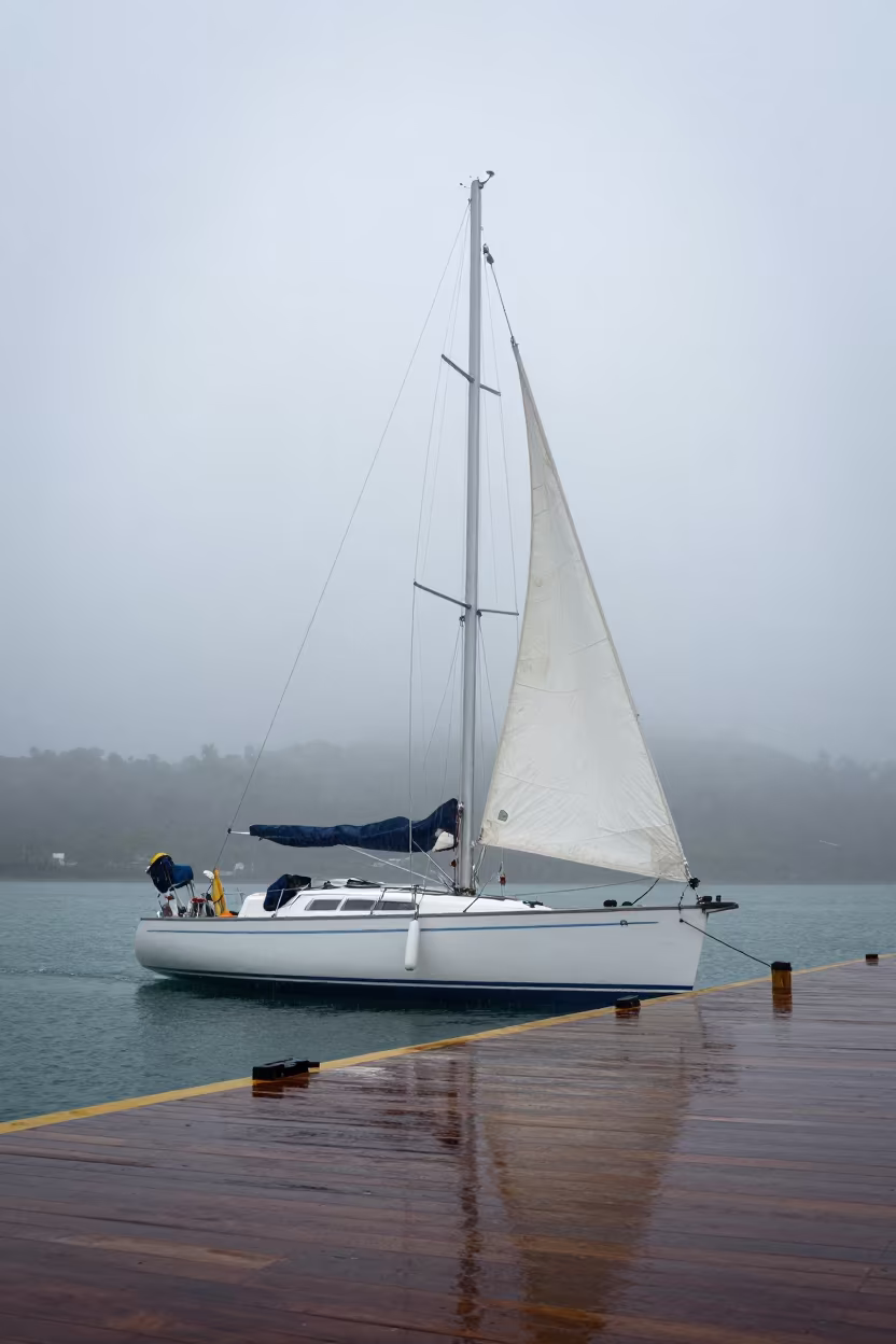 Colombian Sailboat Heeled in Monsoon Fog in beside a fogbound harbor mouth in Colombia