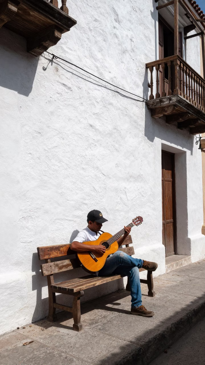 Colombian Street Scene Midday Cartagena Historic District with Guitar and Bowl in in Cartagena, Colombia