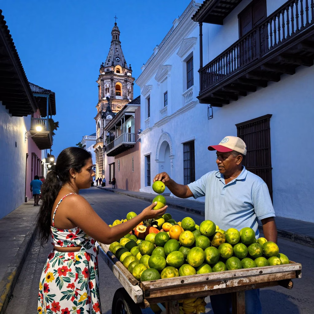Colombian Street Vendor Selling Fresh Fruit Under Indigo Twilight in Cartagena in in Cartagena, Colombia