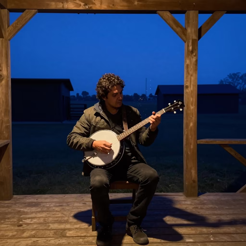 Colón Banjo Picker on Porch at Twilight in in a rehearsal room in Colón