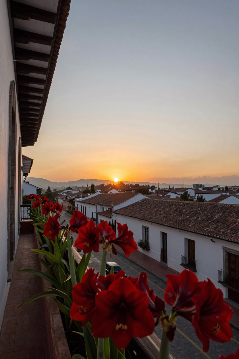 Colonial Architecture And Amaryllis Flowers in Quito in in Quito, Ecuador
