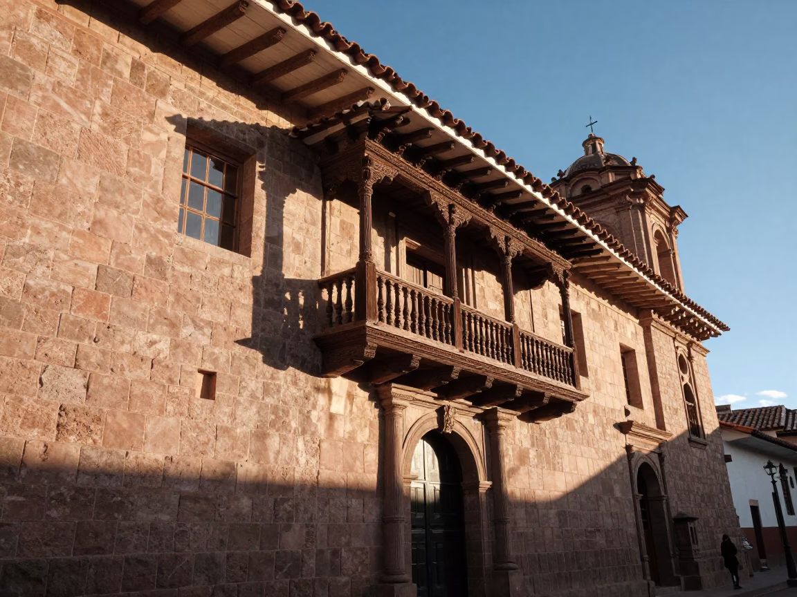 Colonial Architecture in Cusco at As First Light Reaches The Scene in in Cusco, Peru