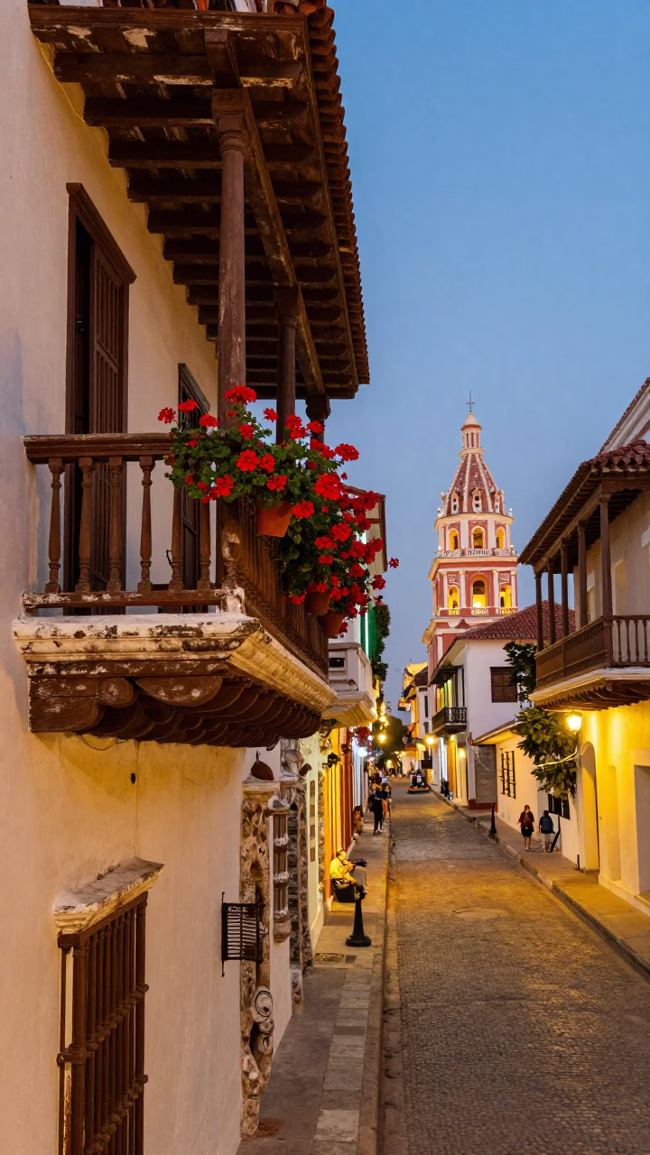Colonial Balcony at As City Lights Begin To Glow in Cartagena in in Cartagena, Colombia
