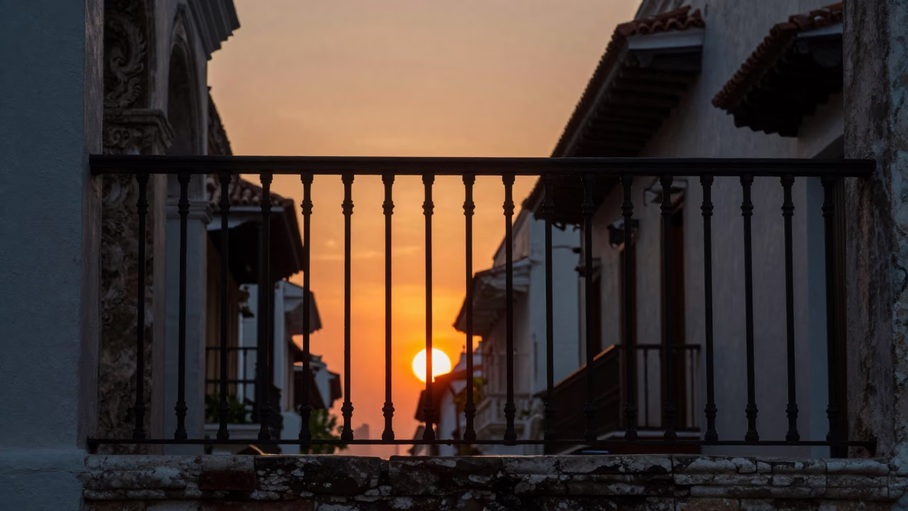 Colonial Balcony Evening in Cartagena Colombia with Wrought Iron and Sunset Light in in Cartagena, Colombia