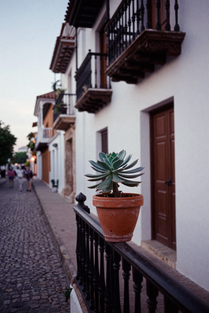 Colonial Balcony Evening in Cartagena with Sangria and Echeveria in in Cartagena, Colombia