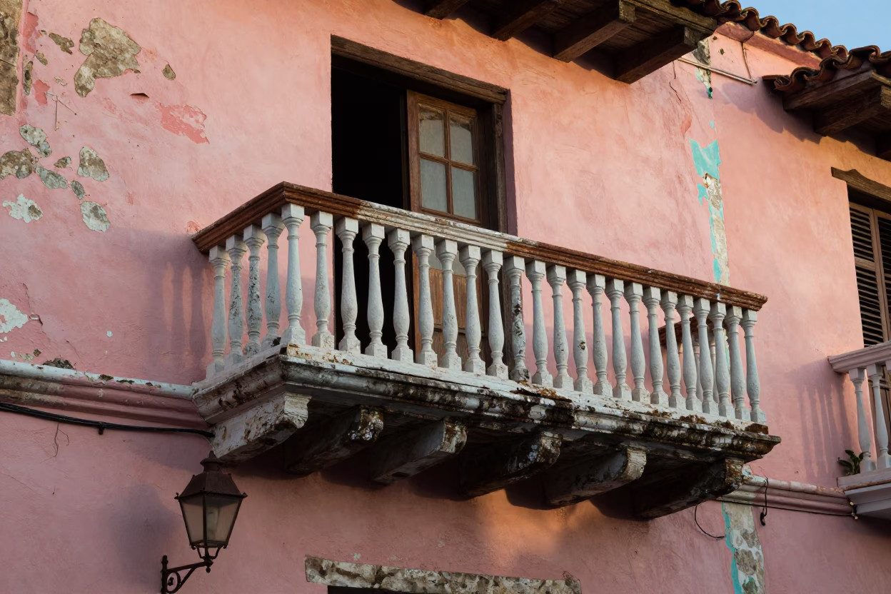 Colonial Balcony in Cartagena at As First Light Reaches The Scene in in Cartagena, Colombia