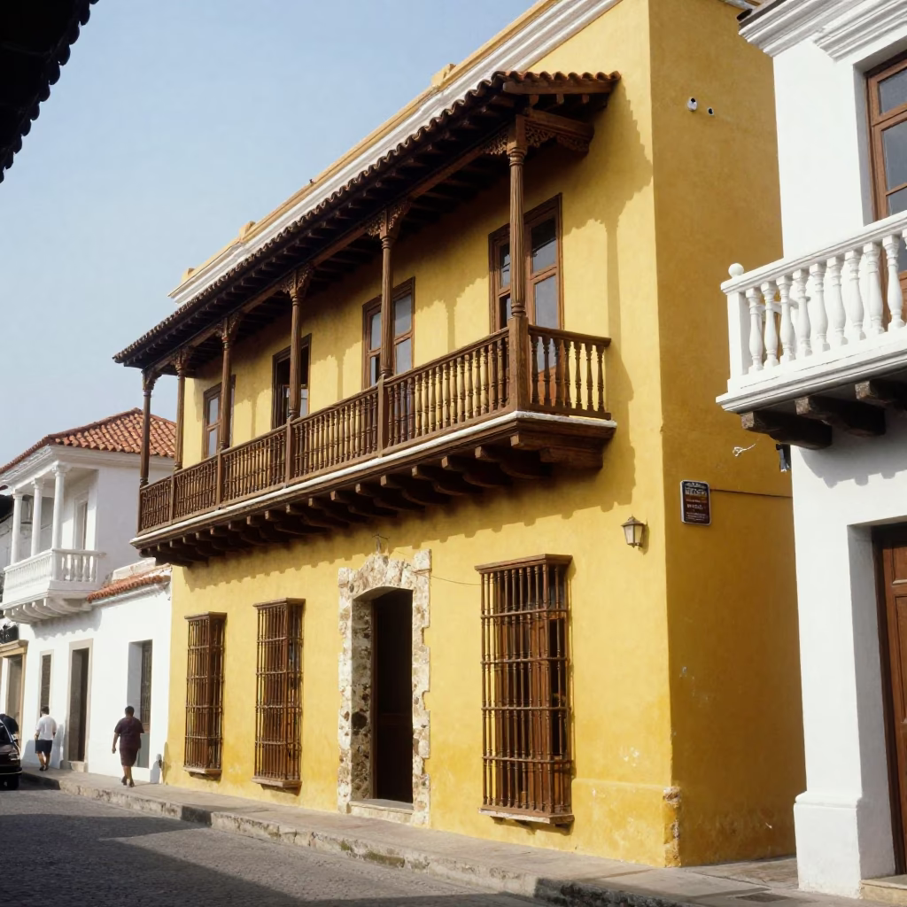Colonial Balcony in Cartagena at Bright Midmorning Light in in Cartagena, Colombia