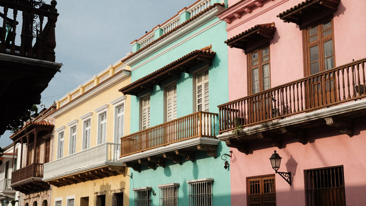 Colonial Balcony in Cartagena at Clear Late-afternoon Light in in Cartagena, Colombia
