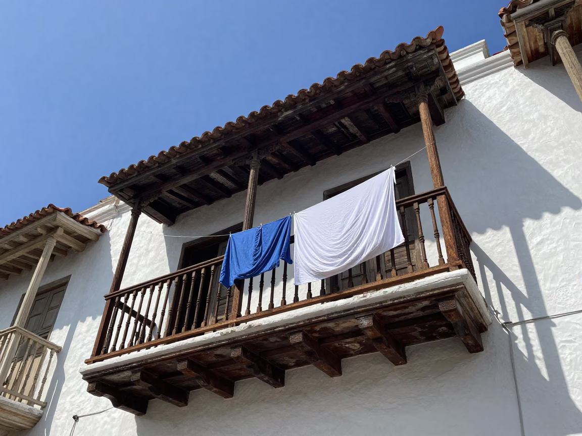 Colonial Balcony in Cartagena at Flat Noon Light in in Cartagena, Colombia