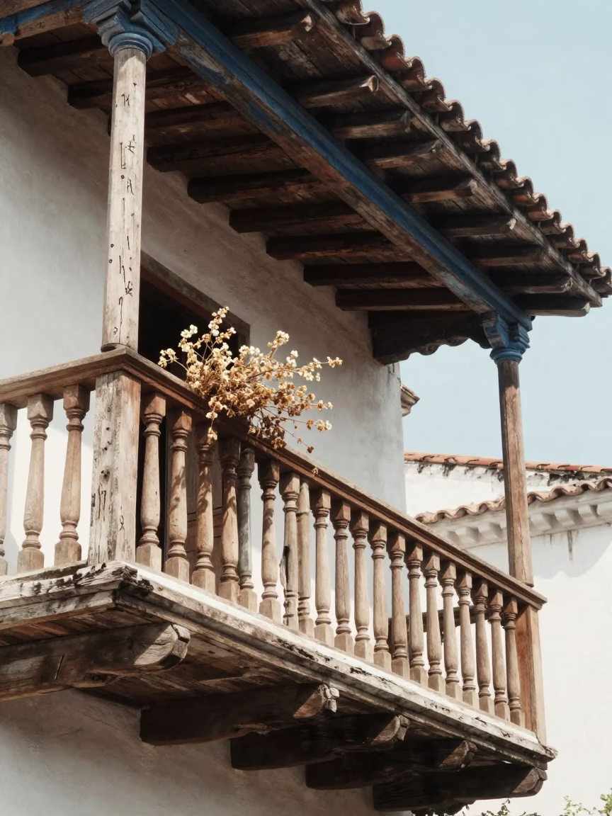 Colonial Balcony in Cartagena at The Flat Glare Of Noon Light in in Cartagena, Colombia