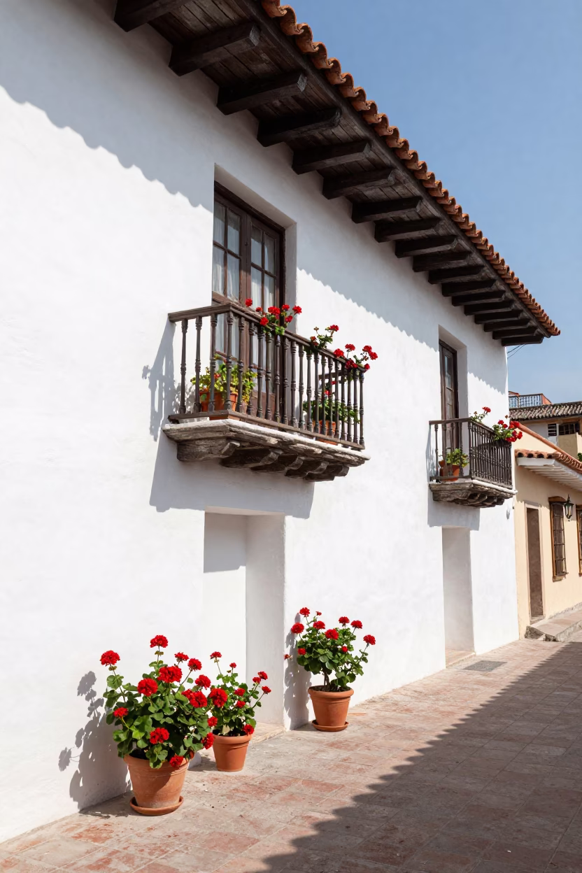 Colonial Balcony in Cartagena at The Flat Glare Of Noon Light in in Cartagena, Colombia
