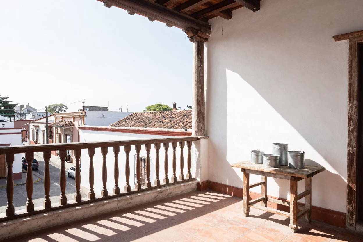 Colonial Balcony in Merida at Bright Midmorning Light in in Merida, Mexico