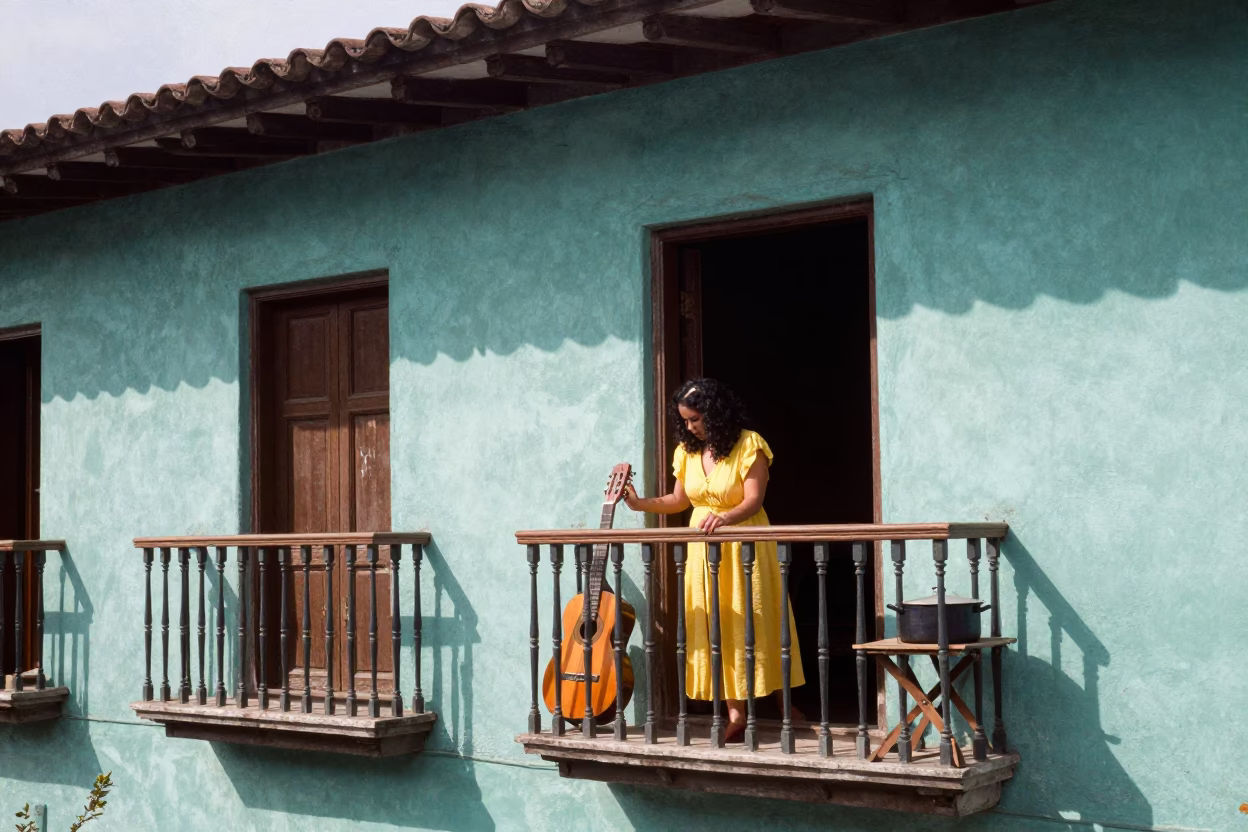 Colonial Balcony in Quito at Afternoon Light in in Quito, Ecuador