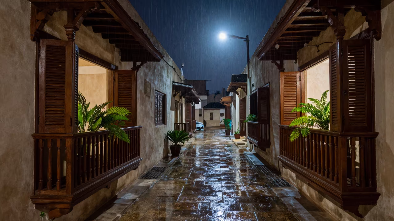 Colonial Balcony Moonlight Al Hudaydah Rainy Season in inside a skylit passageway in Al Hudaydah
