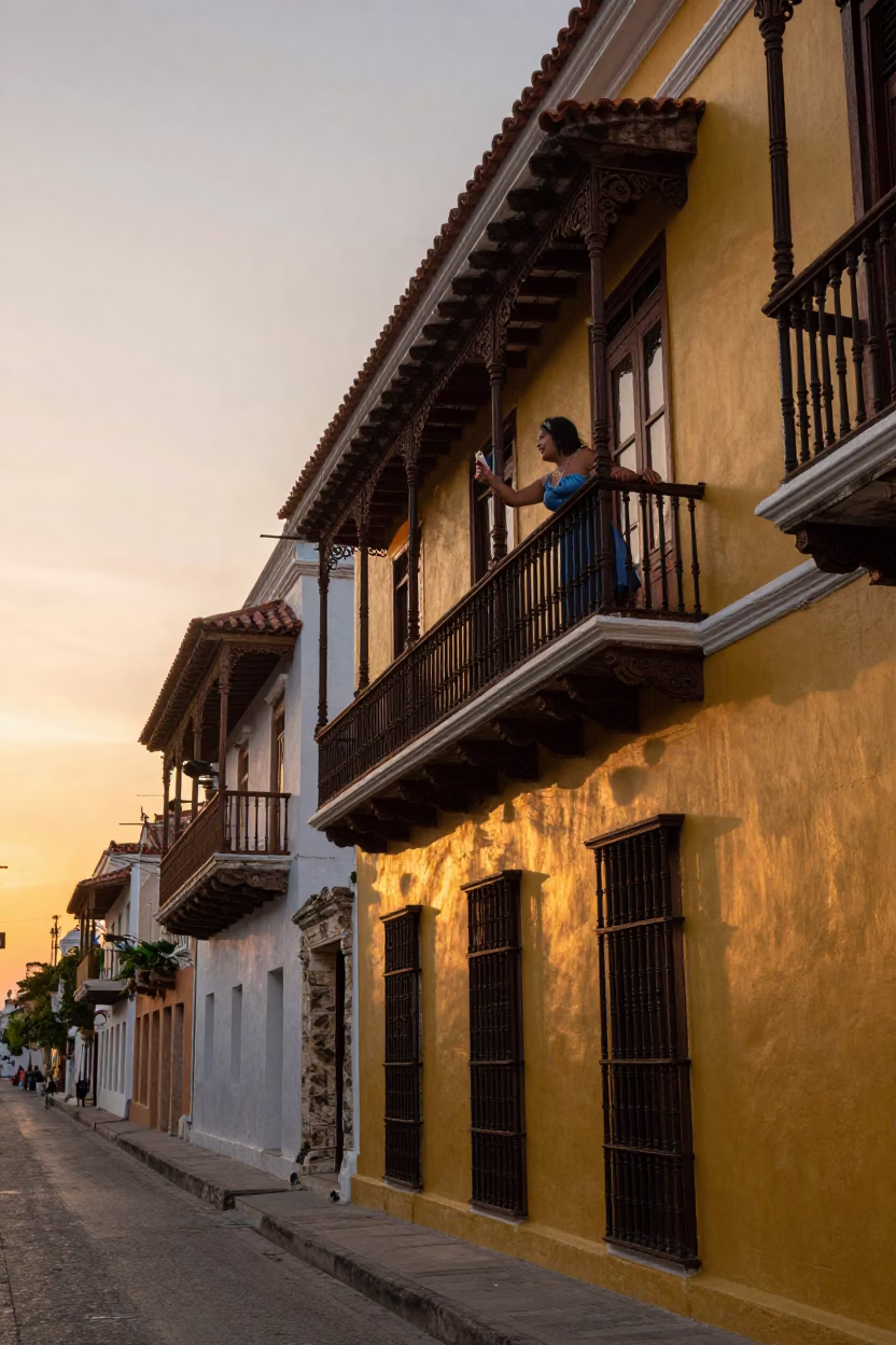 Colonial Balcony Scene in Cartagena Colombia at Sunset with Local Street Life in in Cartagena, Colombia