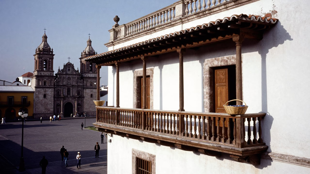 Colonial Balcony View of Quito Plaza with Basket and Mops in in Quito, Ecuador