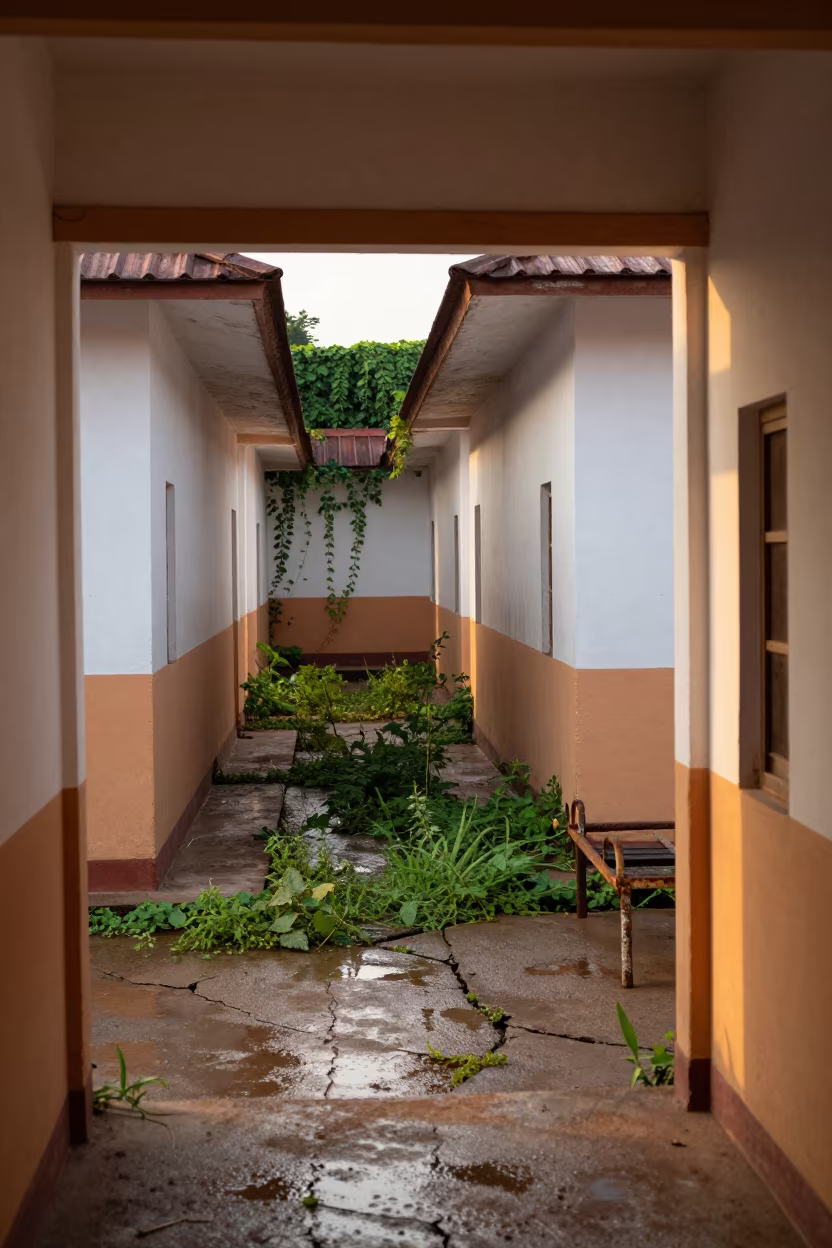 Colonial Barracks Corridor Reclaimed by Wet Season Weeds in in a military dormitory corridor under flaking paint in Karnataka