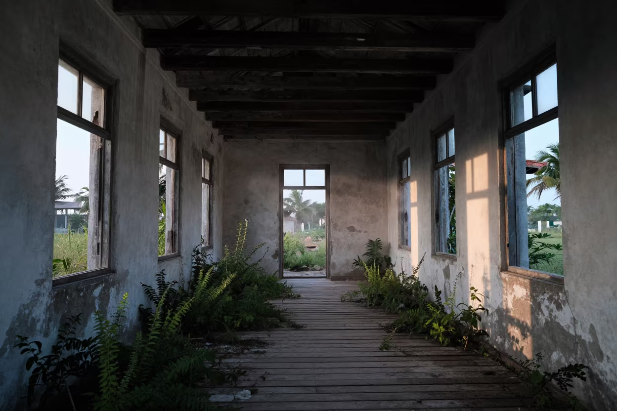 Colonial Barracks Ruin in Bahamas Morning Light in inside a barracks hall with broken windows and drifting dust in Bahamas