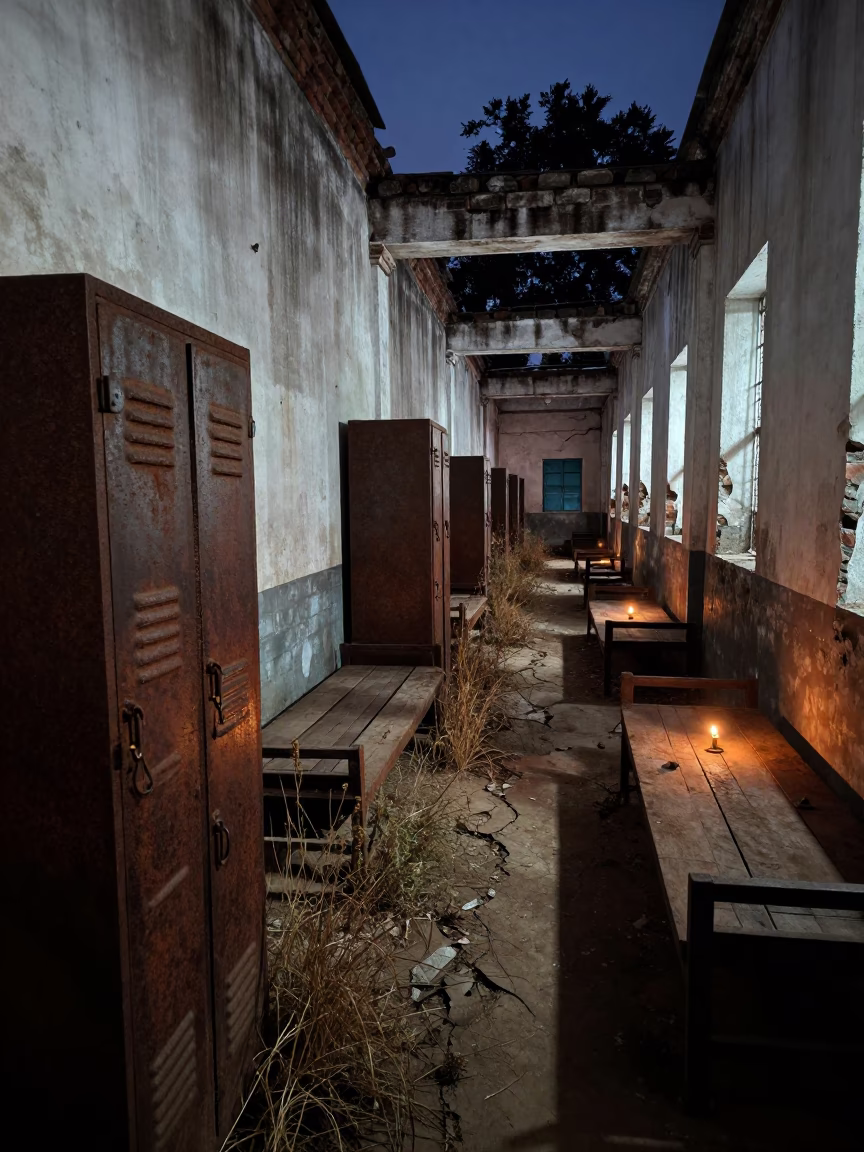 Colonial Barracks Ruin Candlelit Indigo Twilight in inside a ruined barracks aisle with cots and rusted lockers in Bangladesh