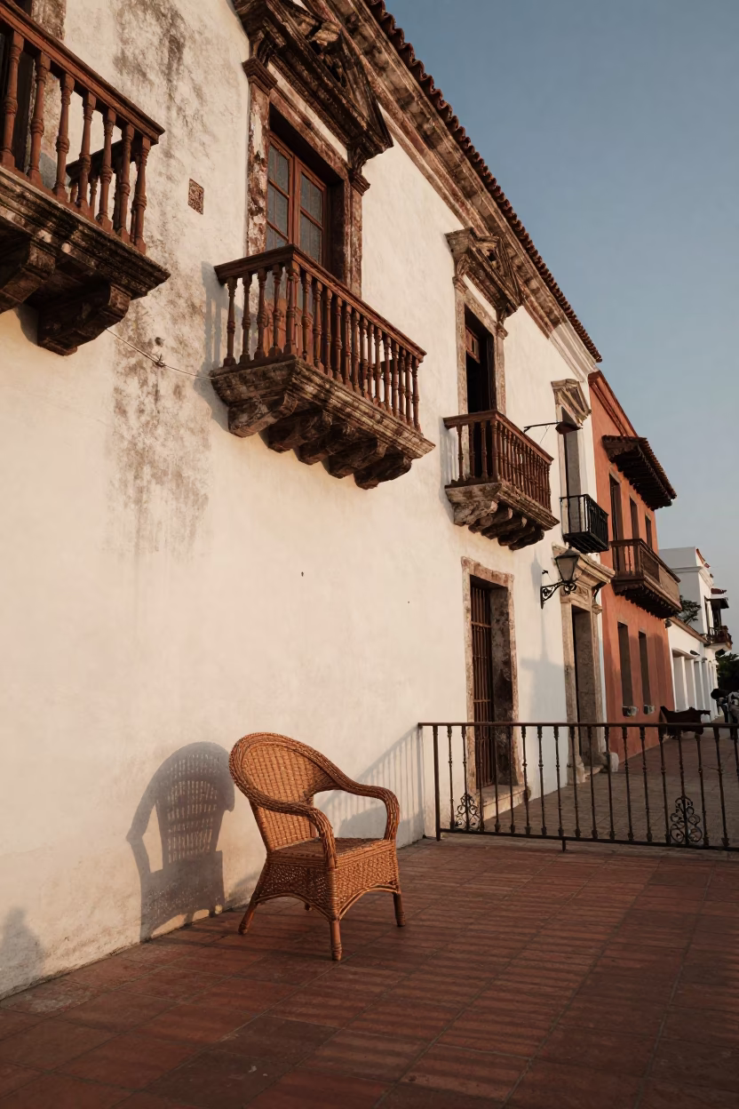 Colonial Cartagena Balcony Wicker Shadow Cast on Terracotta Tiles Before Dusk in in Cartagena, Colombia