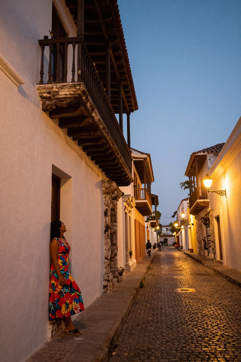 Colonial Cartagena Colombia Evening Street Scene with Balcony and Warm City Lights in in Cartagena, Colombia