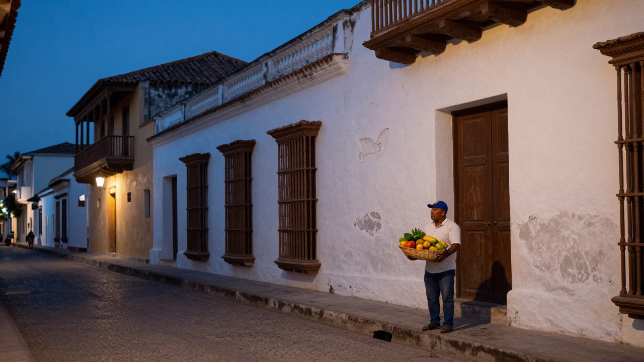 Colonial Cartagena Colombia Evening Street Scene with Local Vendor and Historic Architecture in in Cartagena, Colombia
