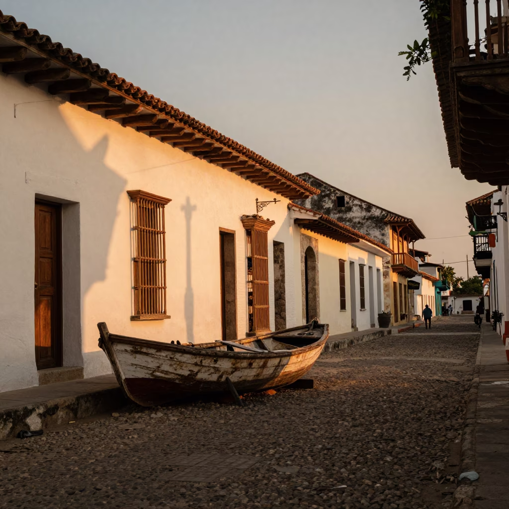 Colonial Cartagena Colombia Evening Street Scene with Wooden Boat and Tamarind Tree in in Cartagena, Colombia