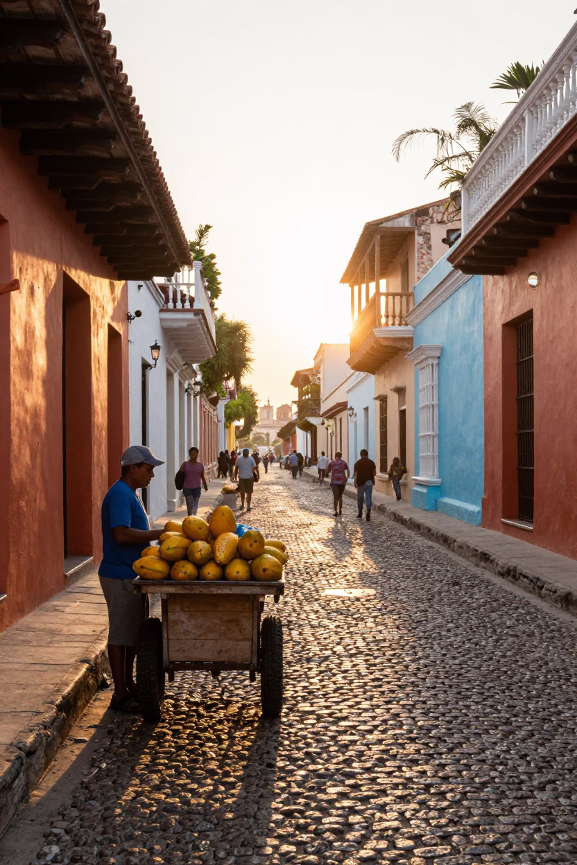 Colonial Cartagena Colombia Street Scene at Sunrise with Local Market Activity in in Cartagena, Colombia