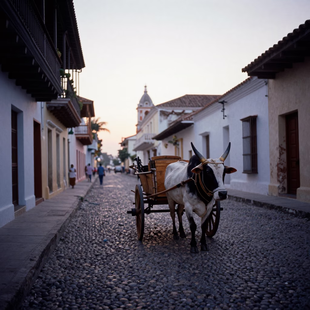 Colonial Cartagena Colombia Street Scene Before Sunrise with Ox Cart and Cobblestone Road in in Cartagena, Colombia